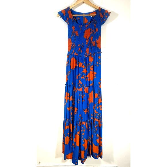 ABEL THE LABEL Smocked Maxi Dress Womans Medium Blue Orange Vacation Resort - Picture 1 of 13